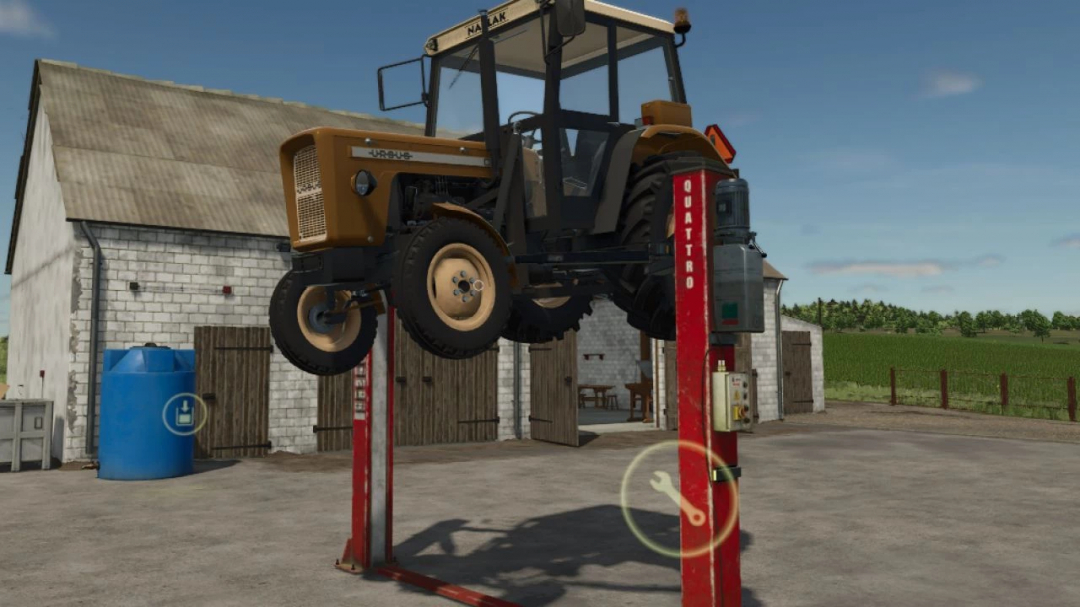 Vehicle repair station mod in Farming Simulator 25, showing a lifted tractor on a hydraulic lift in a barnyard setting.