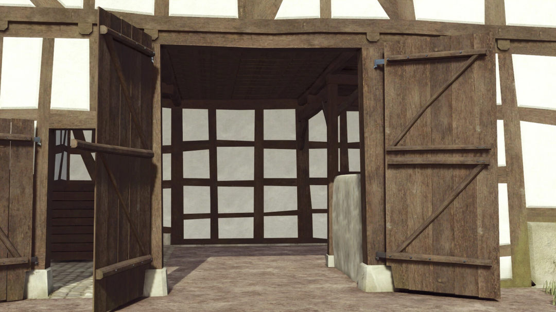 Interior view of a Very Old Timberframe Barn mod in FS25.