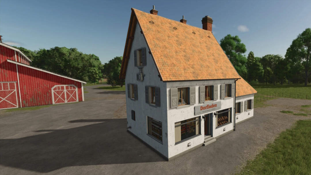 Village shop mod for FS25, featuring a rustic building with a thatched roof, surrounded by greenery.