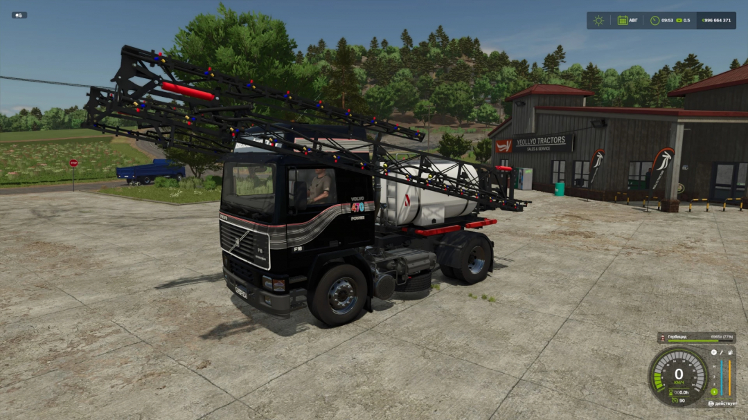 Volvo F16 mod in Farming Simulator 25, featuring a truck with attached farming equipment parked near a tractor sales building.