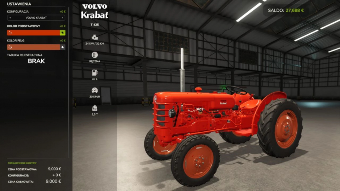 Volvo T425 tractor mod in Farming Simulator 25, showcasing customization options and specifications.