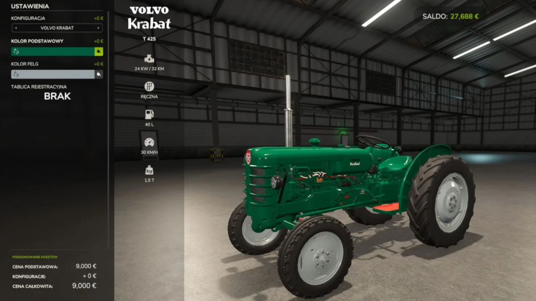 Volvo T425 Krabat mod in FS25, showcasing configuration options and green tractor model in a garage.