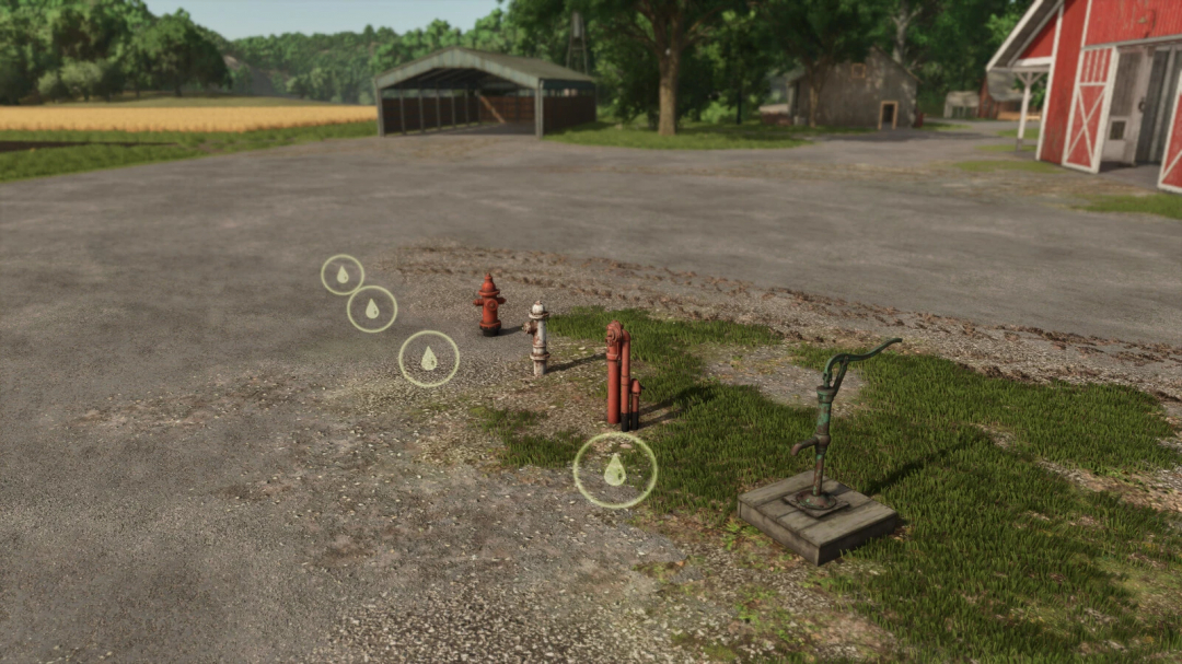 FS25 Water Pump Pack v1.0.0.0 showing different pumps on a farm.