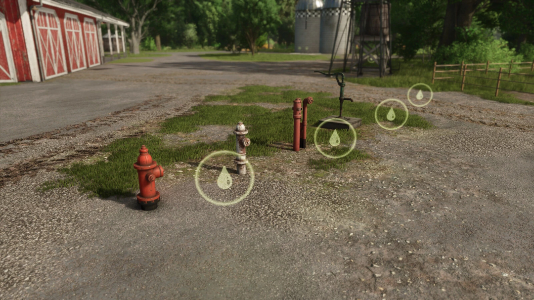 FS25 mods: Water Pump Pack v1.0.0.0 showing various water pumps on a farm landscape in Farming Simulator 25.