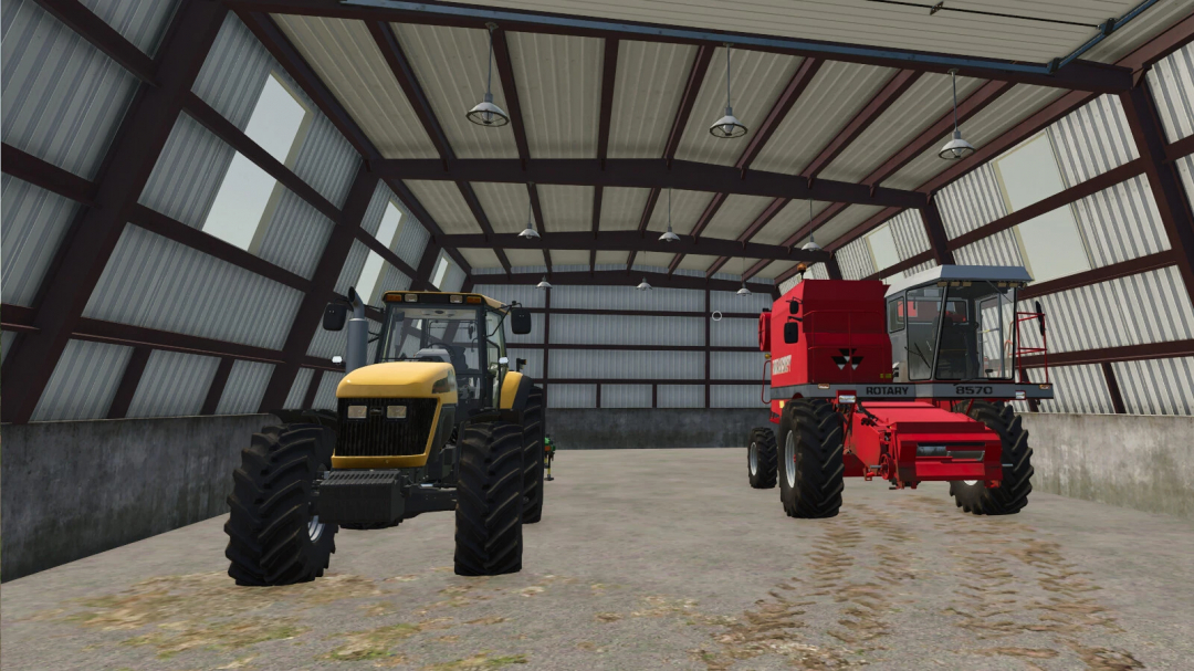 Interior view of the Welker Farm Shed with tractor and harvester, featured in FS25 mods for Farming Simulator 25.