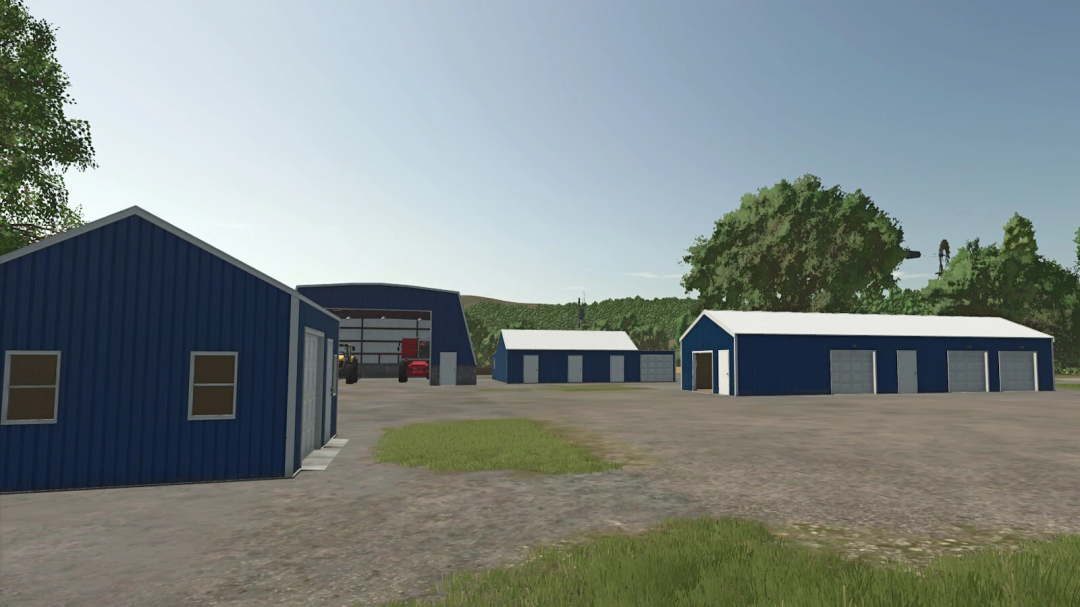 FS25 Welker Farm Shed Pack v1.0.0.0 featuring blue storage sheds in a rural setting.