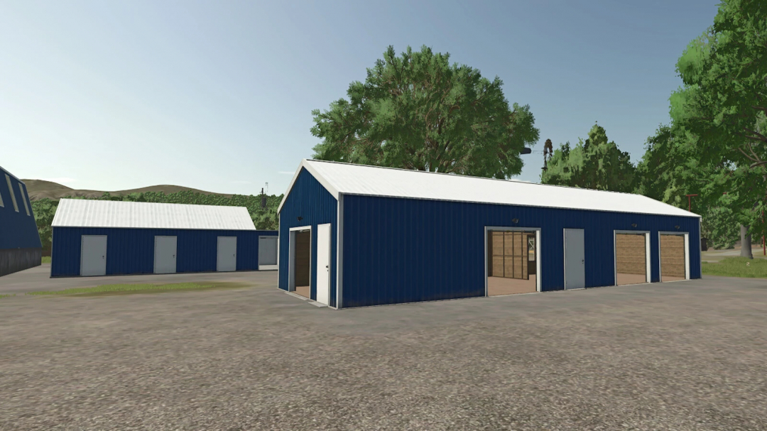 Image of blue farm sheds in Farming Simulator 25 Welker Farm Shed Pack mod.