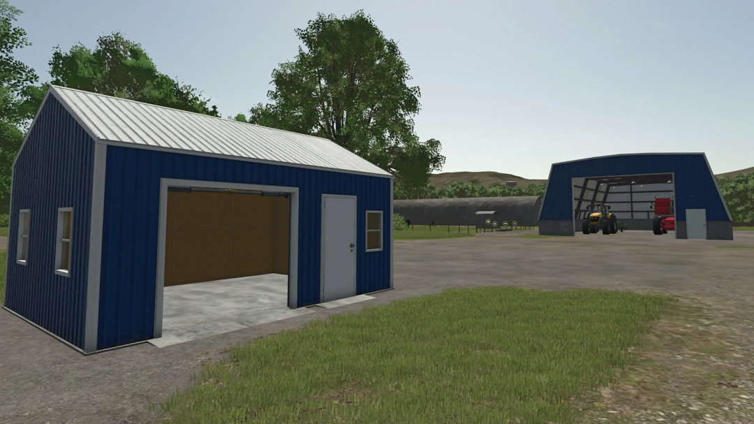 Farming Simulator 25 Welker Farm Shed Pack mod showing two blue sheds with open doors.