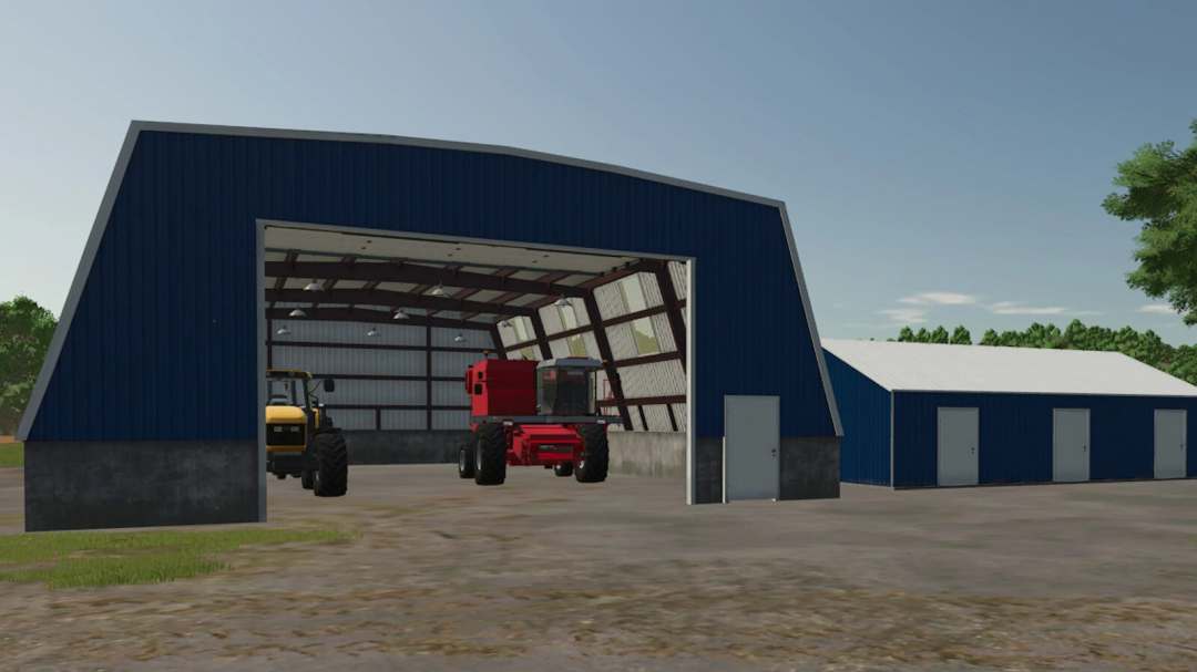 Welker Farm Shed Pack v1.0.0.0 in FS25 featuring blue sheds with farming equipment inside.