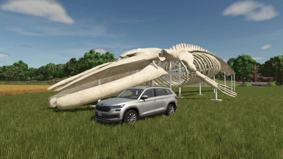 Whale Skeleton Sculpture mod in FS25, featuring a large skeleton beside a silver car on a grassy field.