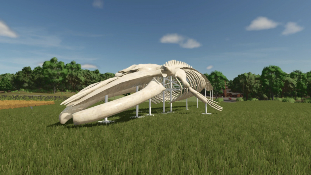 Whale skeleton sculpture mod in FS25 field, Farming Simulator 25 mods.