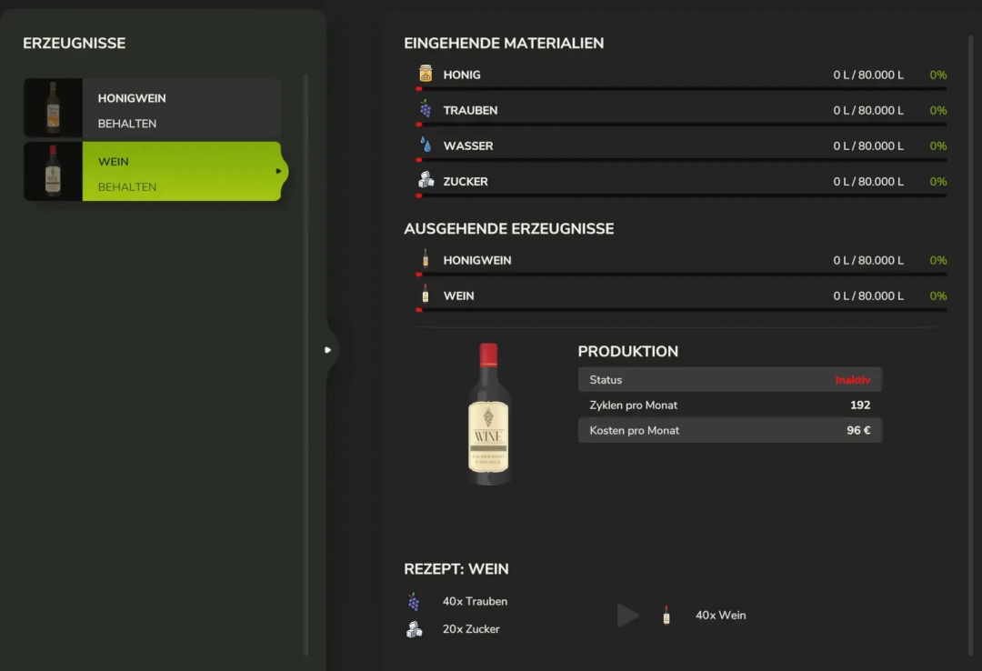 FS25 Wine Productions Pack mod interface showing honey, grapes, water, and sugar inputs with wine production details.