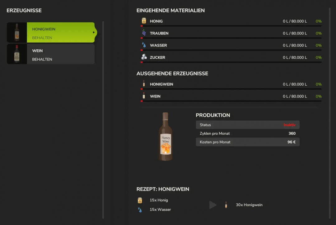 FS25 Winery Modpack v1.0.0.1 interface showing input materials like honey, grapes, water, and sugar, and outputs of honey wine and wine.