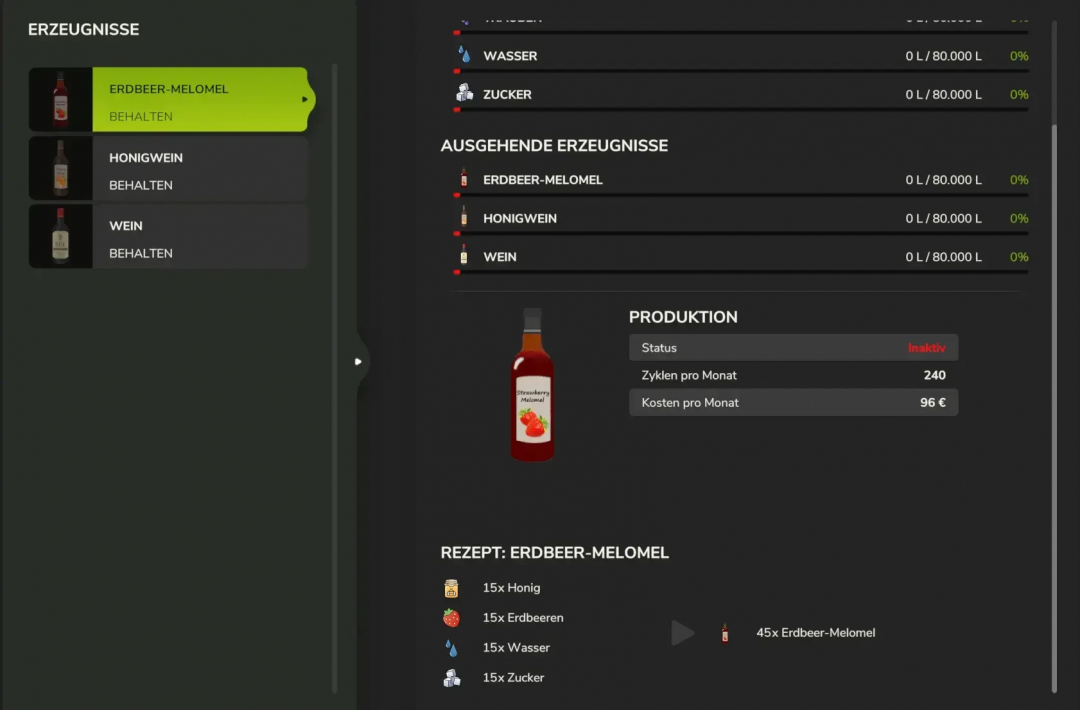 FS25 Winery Modpack v1.0.0.1 interface showing Erdbeer-Melomel production details.