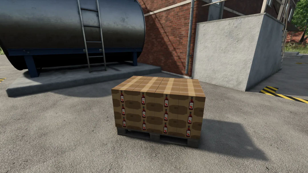 FS25 Winery Modpack v1.0.0.1: Pallet of wine boxes near brick wall.