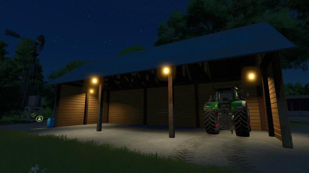 Wood Barn mod in FS25 with tractor under night sky