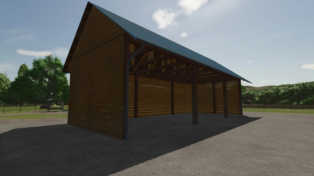 Wood barn mod for FS25, featuring a rustic structure in an open field, enhancing Farming Simulator 25 gameplay.