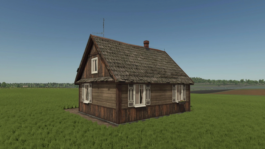 Wooden house mod in Farming Simulator 25 on a grassy field. FS25 mods add rustic design elements.