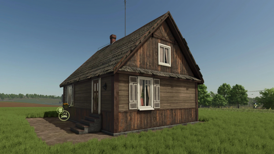 Wooden house mod in Farming Simulator 25, showcasing rustic design in a grassy field. Ideal for FS25 mods enthusiasts.