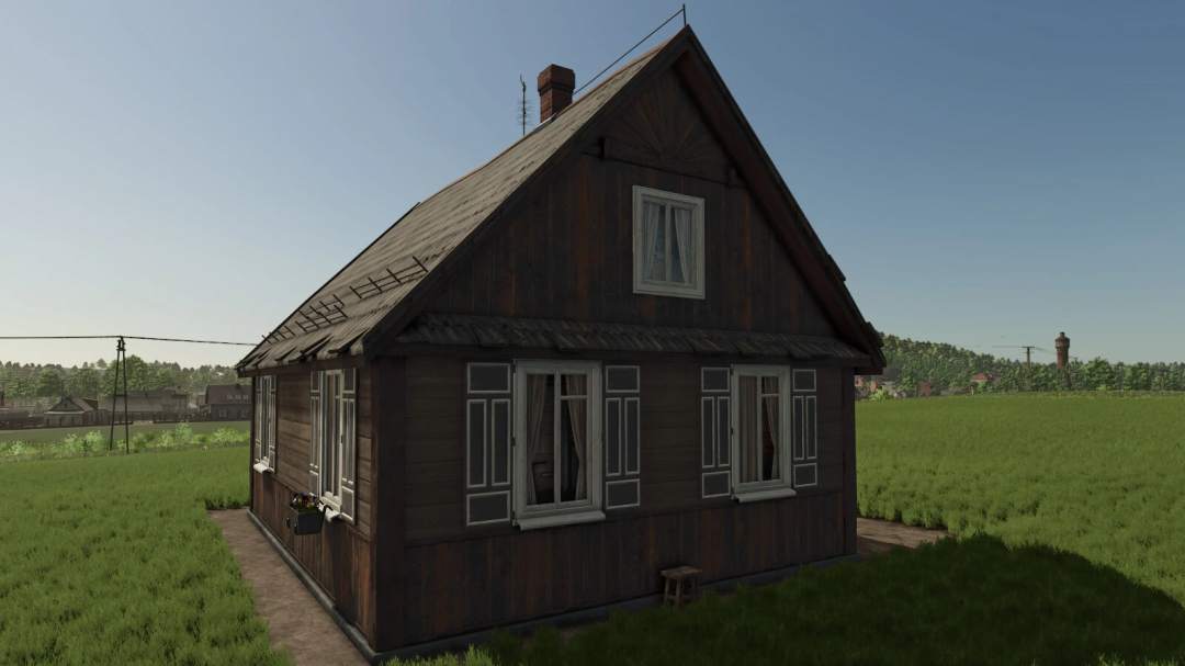 Wooden house mod for FS25 in a grassy field, showcasing Farming Simulator 25 mods.