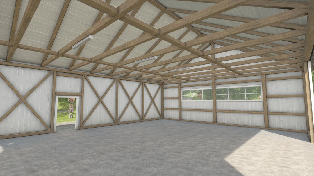 Interior of Wooden Open Barn mod for FS25, showcasing wooden beams and spacious layout.