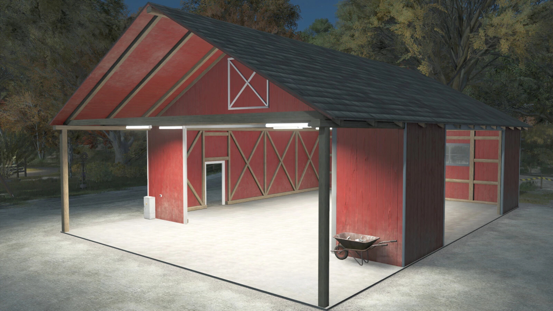 Wooden Open Barn mod for FS25 featuring a rustic red structure with a spacious interior.