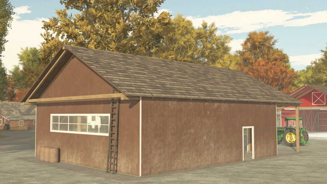 Wooden open barn mod for FS25, featuring a rustic structure with a ladder, barrels, and tractor in the background.