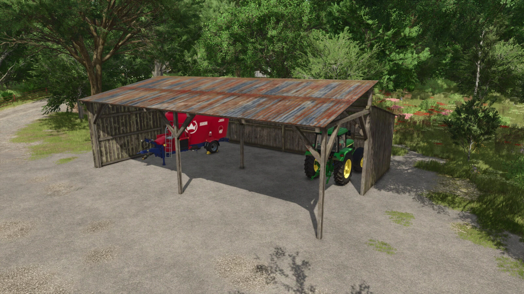 FS25 mod Wooden Shed v1.0.0.0 featuring a rustic shed with a tractor and farm equipment in Farming Simulator 25.