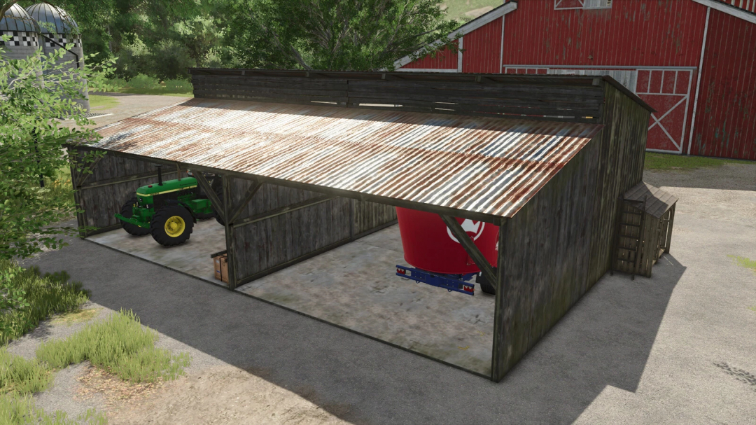 Farming Simulator 25 Wooden Shed mod featuring a rustic structure with a tractor inside, enhancing gameplay realism.