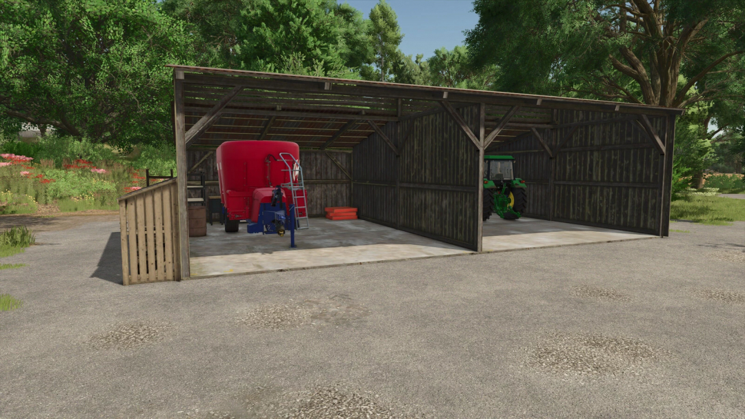 Wooden Shed mod in FS25 with red equipment inside, surrounded by trees.