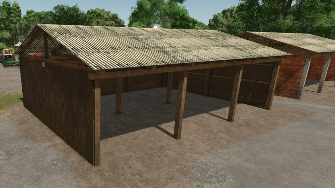 Wooden shed mod for Farming Simulator 25, featuring an open-frame design and rustic finish, enhancing farm aesthetics.