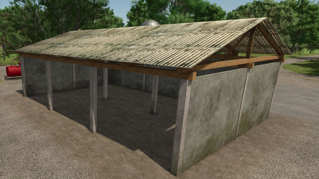 Wooden shed mod v1.0.0.0 for FS25, showcasing a rustic open shed with corrugated roof, enhancing Farming Simulator 25's farm environment.