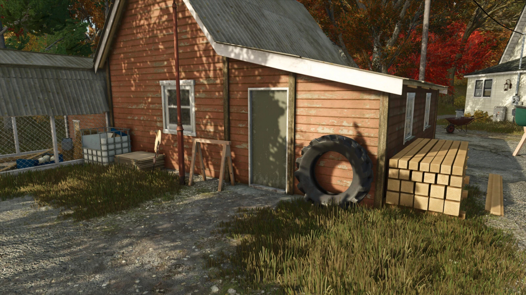 FS25 mods: Woodtrestle v1.0.0.0 showing a rustic wooden shed with stacked lumber and a tire in Farming Simulator 25.