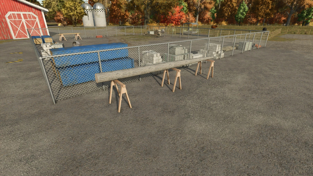 Woodtrestle mod in Farming Simulator 25 with wooden beam on sawhorses and fenced area.