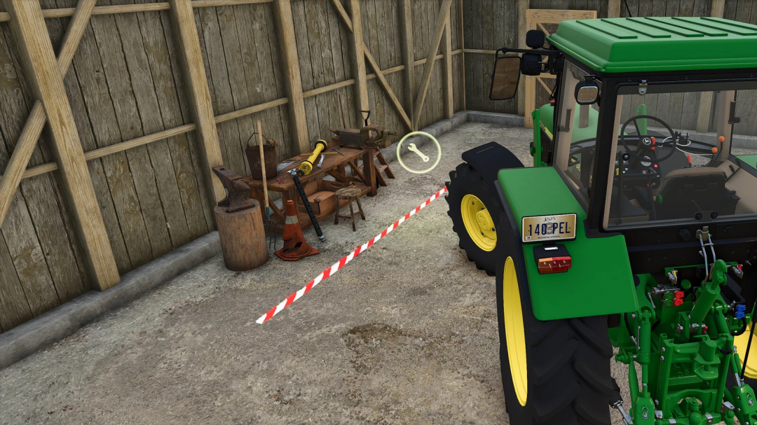 FS25 mods: Workshop Table v1.0.0.0 in Farming Simulator 25, featuring tools next to a green tractor in a wooden shed.