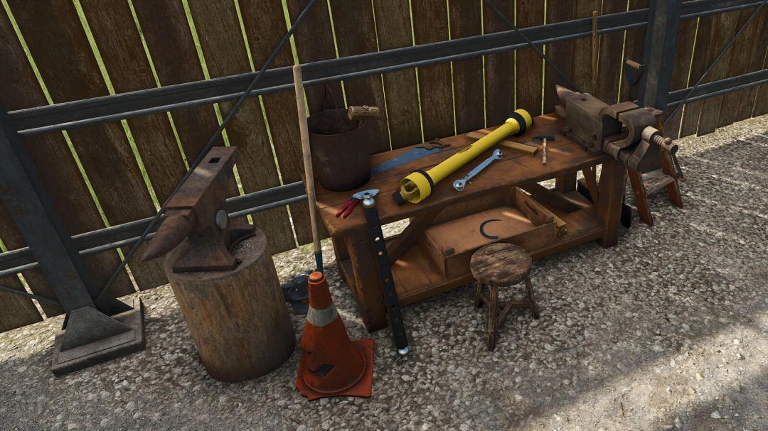 Workshop table in FS25 mod displaying tools and equipment in Farming Simulator 25.