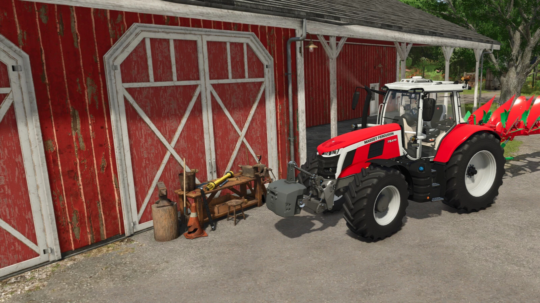 FS25 mod image of a Massey Ferguson tractor next to a red barn and workshop table. Farming Simulator 25 mods.