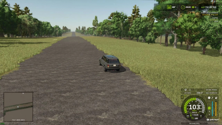 fs25-mods, FS25 mod 38 REGION v1.0.0.0: SUV parked on a dirt path with green fields and trees in Farming Simulator 25.