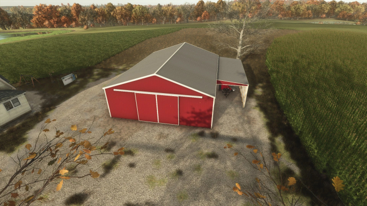 fs25-mods,  Aerial view of the 60x63 red shed mod in Farming Simulator 25, surrounded by autumn trees and green fields.