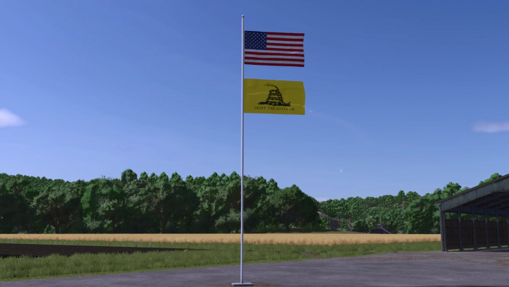 fs25-mods, AG Flags mod in Farming Simulator 25 displaying American and yellow flags on a pole. FS25 mods enhance gameplay.