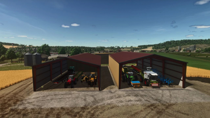 fs25-mods, FS25 mod Agricultural warehouse v1.0.0.0 with farm vehicles inside, featuring two large structures amid fields in Farming Simulator 25.