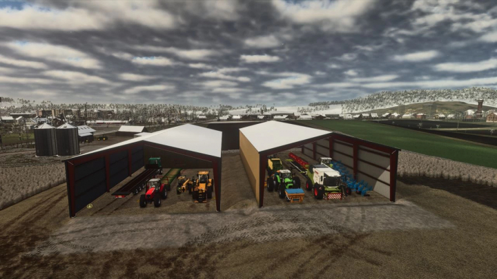 fs25-mods,  Two large warehouses filled with farming machinery in FS25 mod Agricultural warehouse v1.0.0.1.