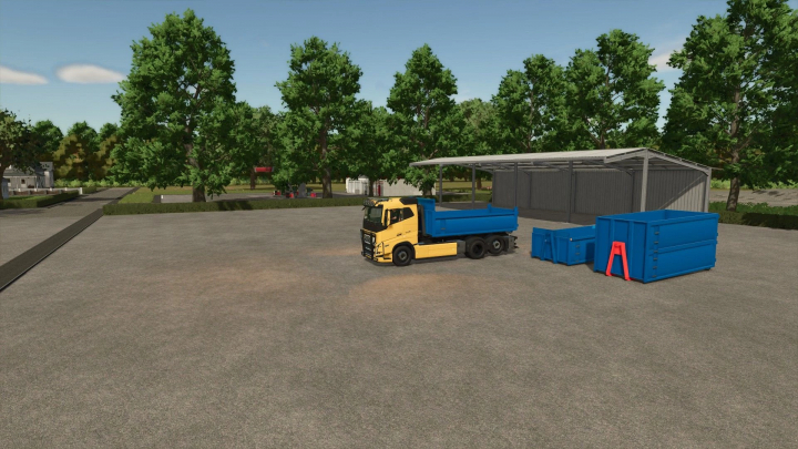 fs25-mods,  Ampliroll tipper truck parked with blue containers, part of FS25 mods, Farming Simulator 25.