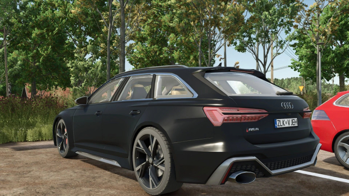 fs25-mods,  Audi RS6 mod in Farming Simulator 25, featuring sleek black design parked on a rural road. FS25 mods.