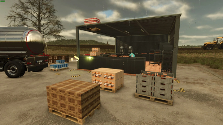 fs25-mods,  FS25 mod image of a bakery factory setup with various pallets and equipment, part of the Bakery Factory v1.0.0.0 mod for Farming Simulator 25.