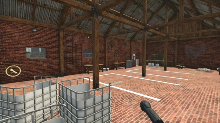 fs25-mods,  Interior of Brick Shed and Workshop in FS25 mod featuring wooden beams, brick walls, and storage containers.