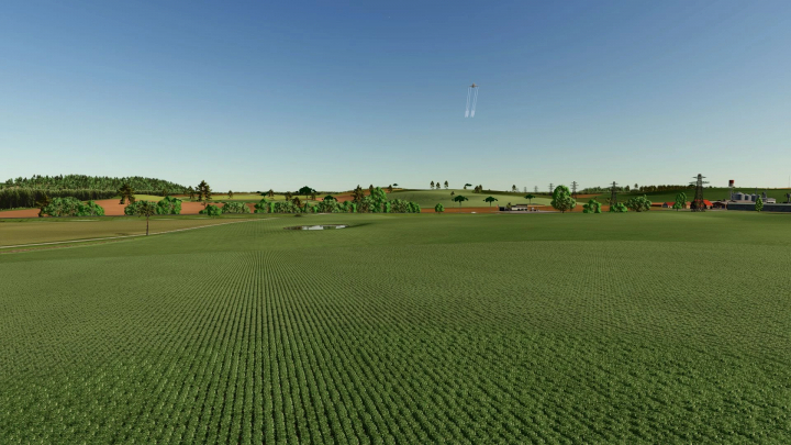 fs25-mods,  Campos Gerais Map in FS25 showcasing vast agricultural fields and distant buildings.