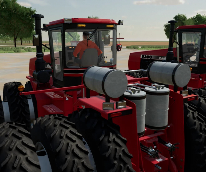 fs25-mods, FS25 mod showcasing Case IH Propane Steigers v1.0.0.0 with two red tractors, highlighting details of exterior and machinery setup.