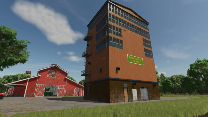 fs25-mods, FS25 mod Chocolate Cereal Factory, a tall brown building next to a red barn in Farming Simulator 25.