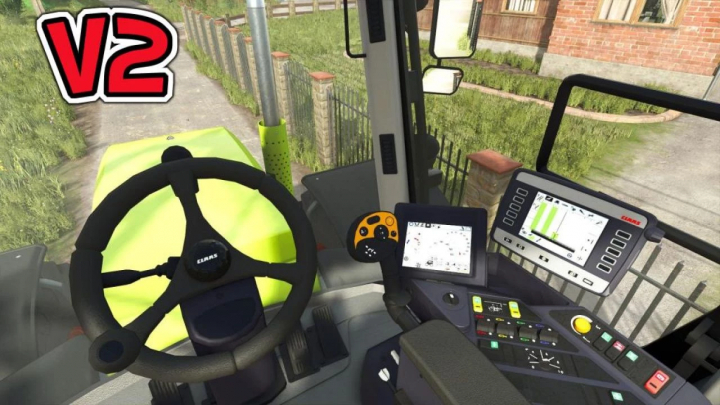 fs25-mods, Interior of Claas Xerion 3000 Series tractor in FS25 mod showing steering wheel and controls, version 2.0.0.0.